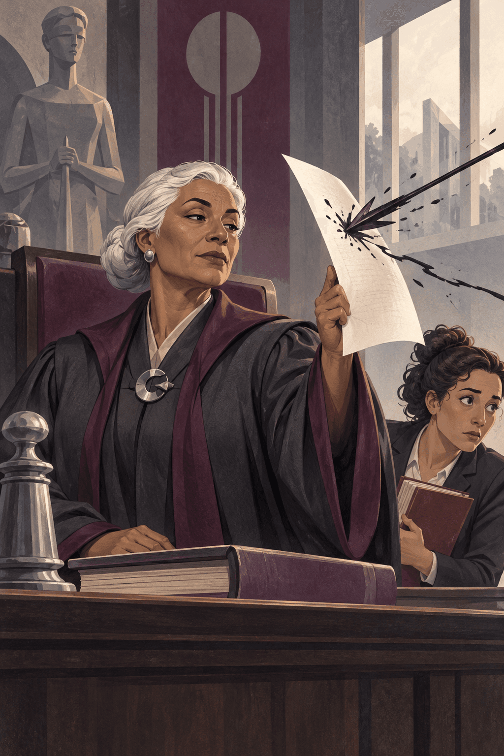 A Guardiã da Pauta ergue uma decisão de papel que intercepta uma seta de tinta diante da bancada do tribunal.