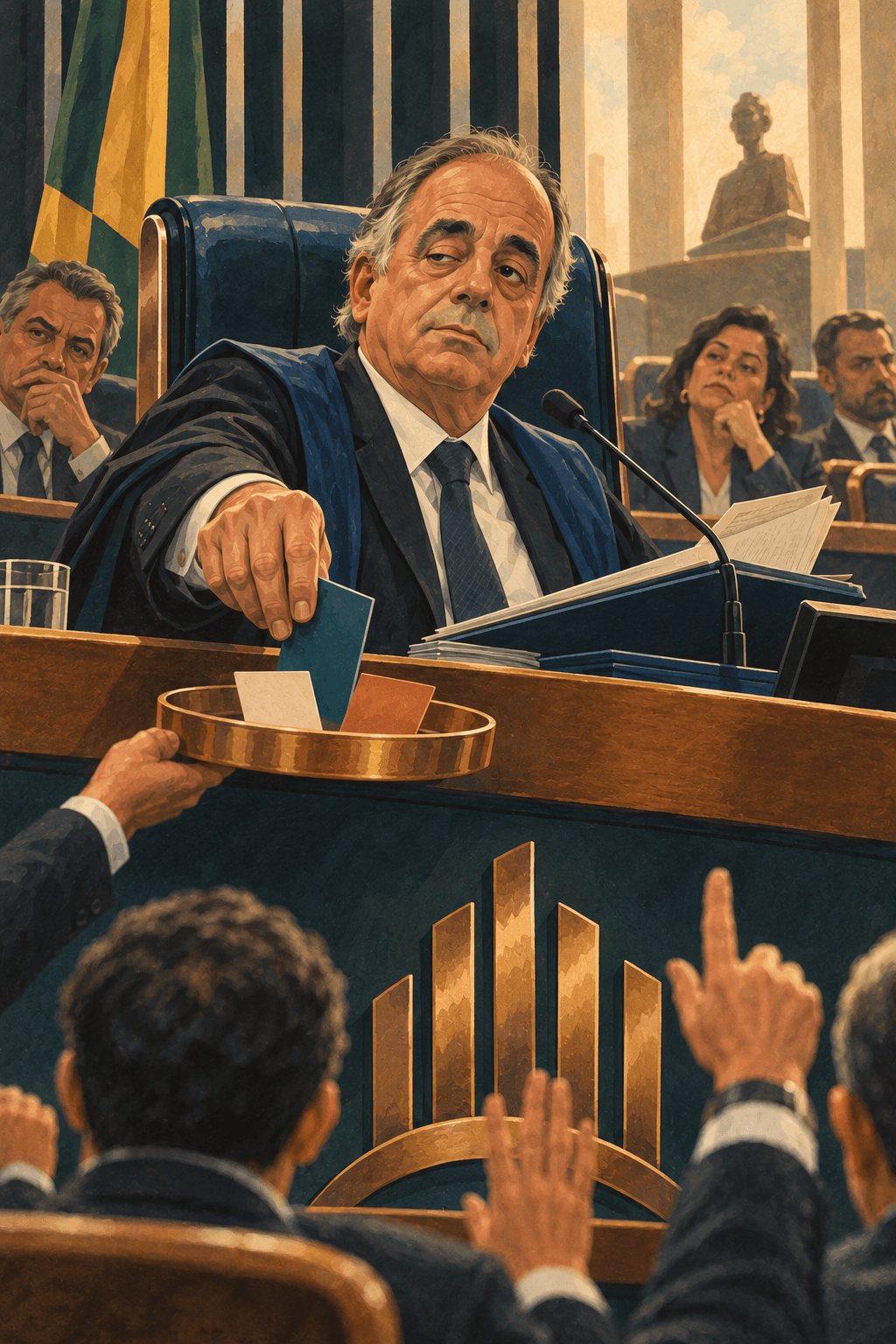 Figura à frente de uma sessão recebe votos em uma bandeja, cercada por documentos e participantes do plenário.
