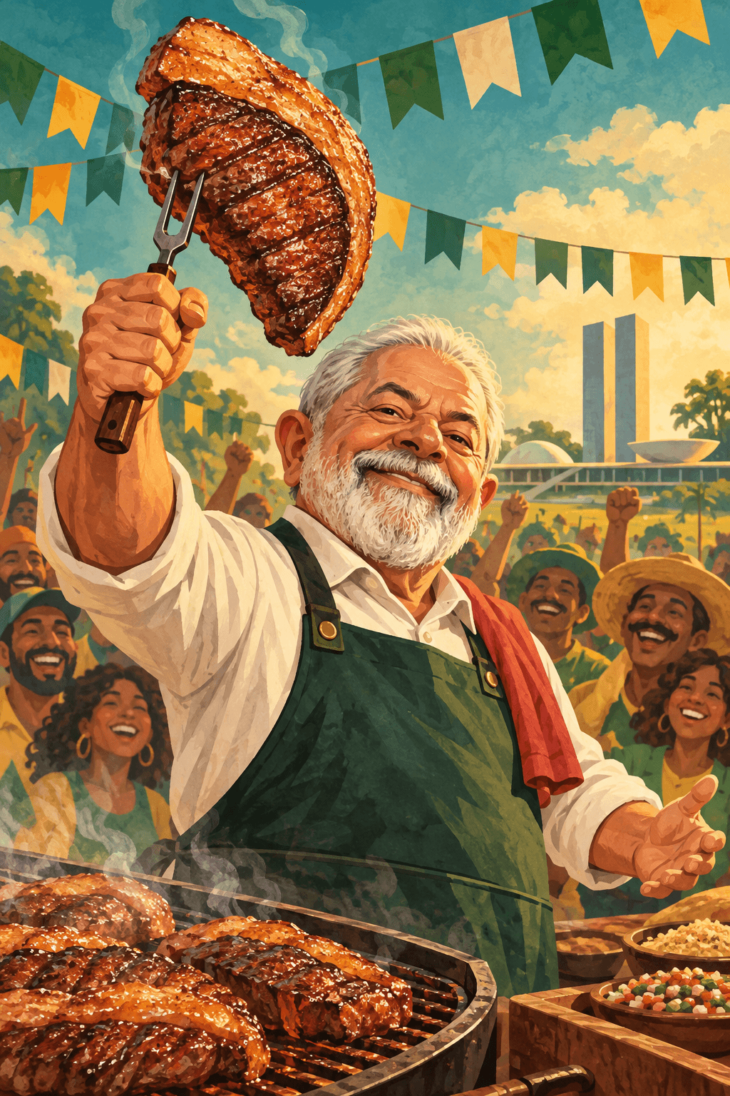 O Presidente do Churrasco ergue um espeto diante de uma grelha e de convidados reunidos em um pátio cívico.